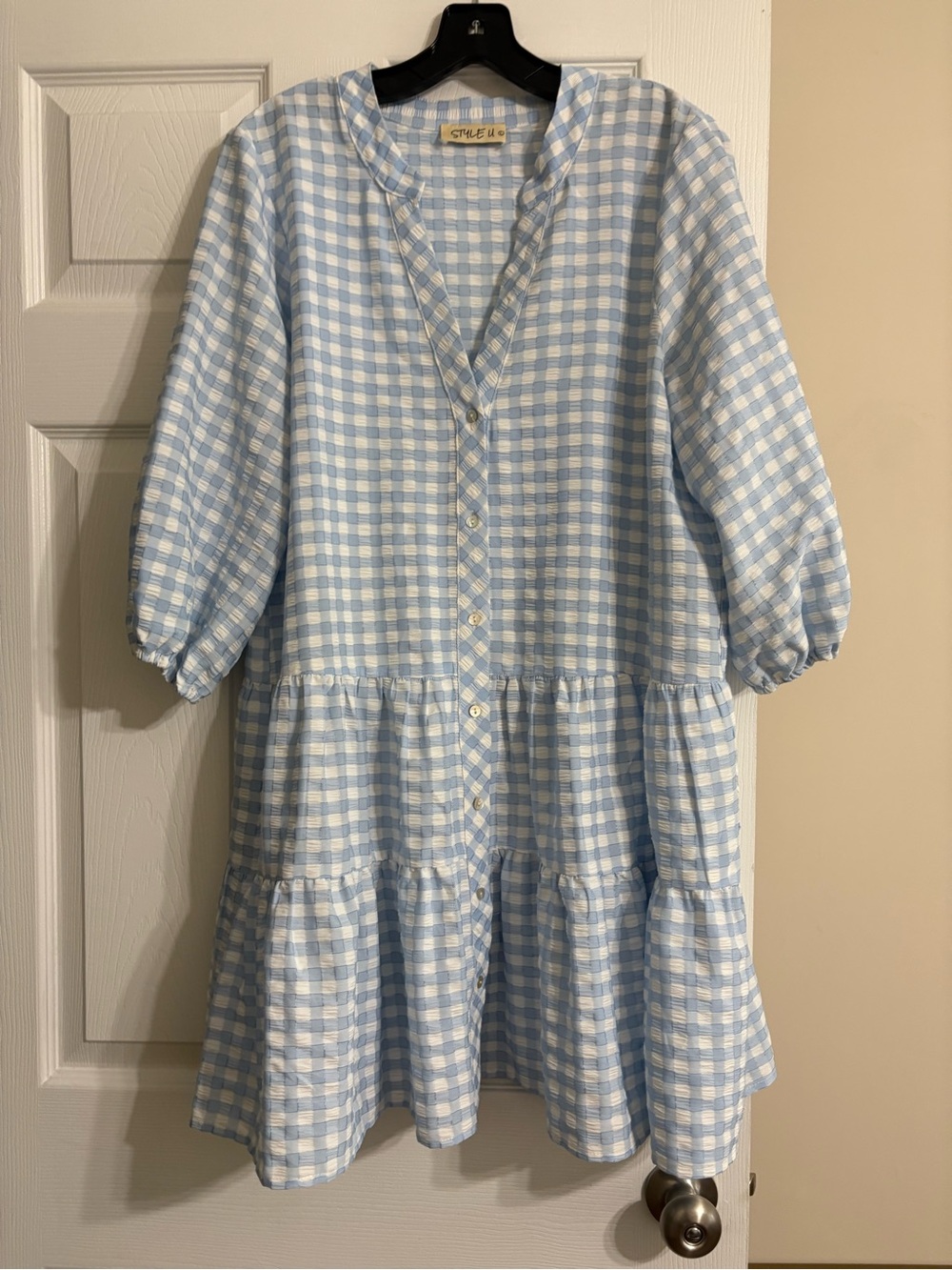 Style U Blue & White Gingham Tiered Button Front Mini Dress Size Large Women